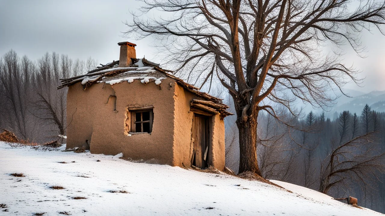 a lonely old adobe hut with worn adobe brown-gray wall and a small window, a crumbling roof, an old chimney stands on a hill, next to it is a small woodshed by the wall, and an old withered tree leans over the hut on thr old tree sitting a black crow, the hut stands on the edge of a European forest, winter, snowy landscape, low light, dawn, snow, high detailed, sharp focus, high realistic, perfect photo