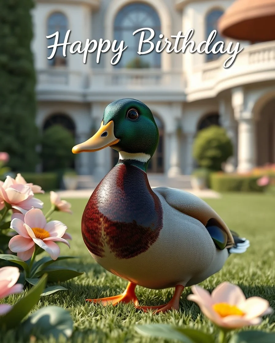 Generate image: Generate image: Generate image: A macro 3D render of a cute, lovely mallard with dark green neck ,made of translucent, glossy,colored jelly material. is landing in yard of a luxury villa next to flowers ,subsurface scattering and gelatinous texture . High-quality CGI, octane render, 8k resolution, whimsical, adorable, clean composition. long shot ,4:3,write in top in 3d "Happy Birthday"