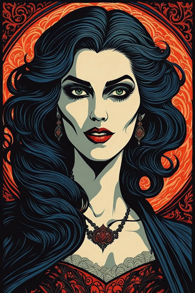 museum quality color woodcut of an enigmatic Malkavian female vampire with highly detailed hair and facial features , in the style of Gustave Baumann, with a fine art , graphic novel aesthetic, highly detailed, finely cut ,8k render,