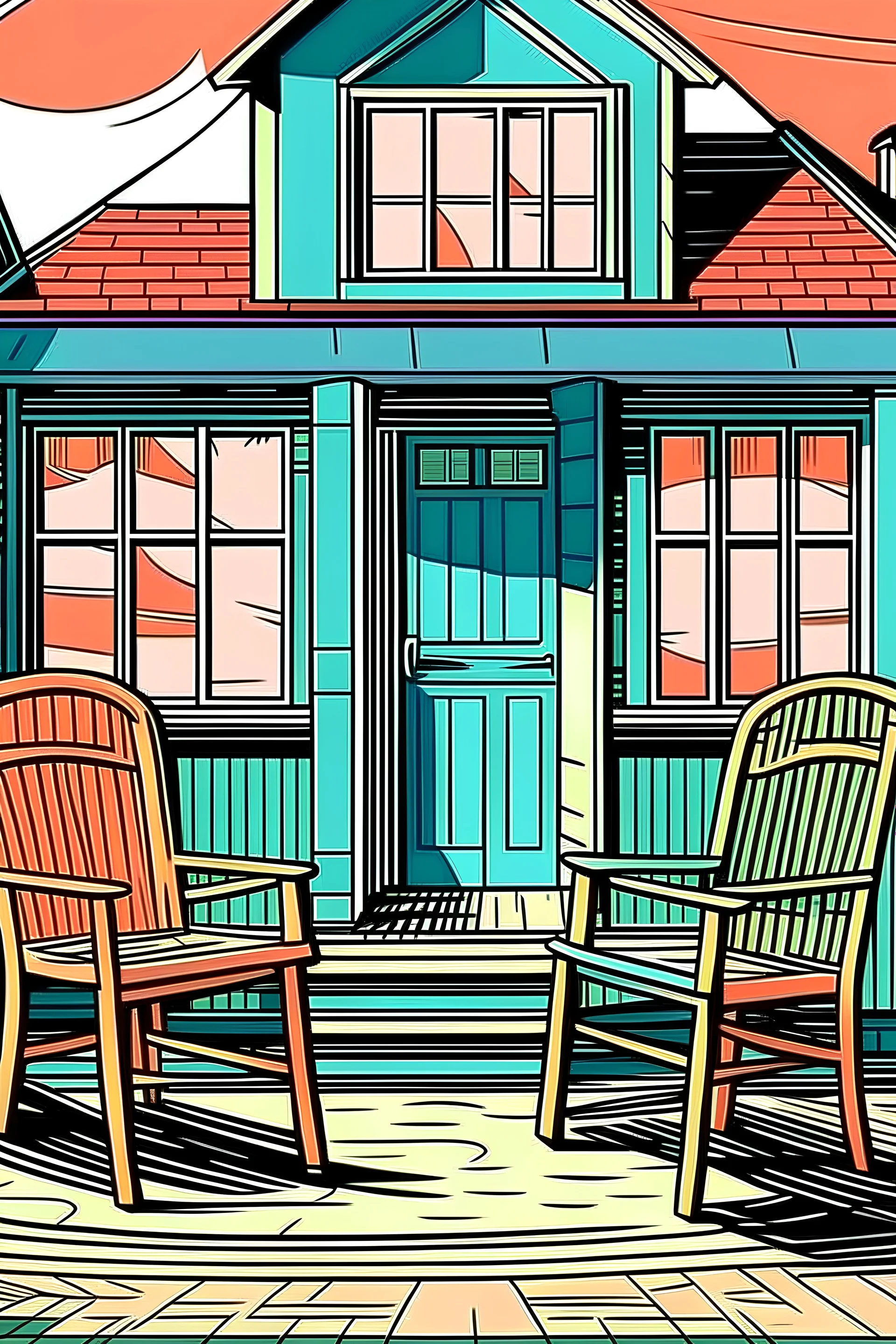 Two chairs outside the house, cartoon style, thick lines, vivid details, --ar 9:11