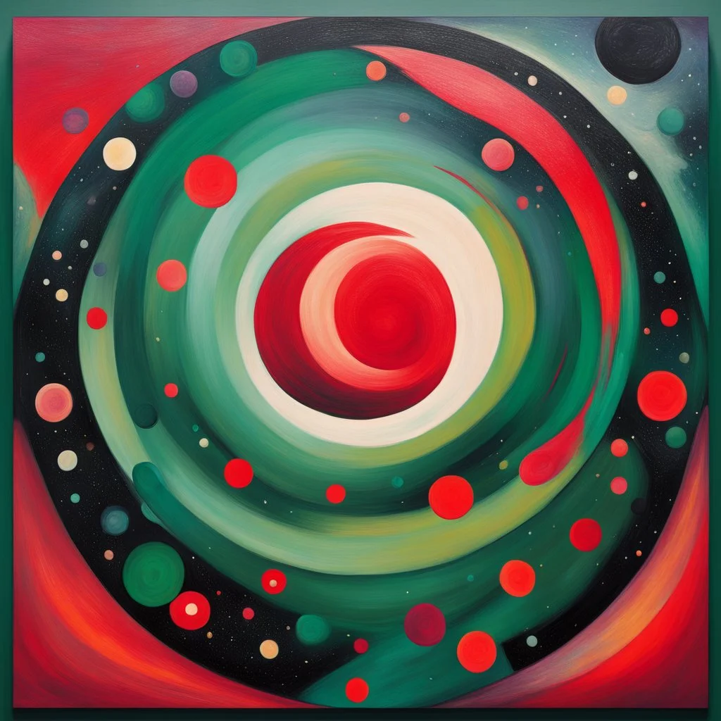 an abstract acrylic painting template featuring a celestial landscape reminiscent of a galaxy teeming with planets. The composition should primarily consist of various shapes such as circles and rectangles, each distinctly colored with flat, unblended hues. For instance, one circle may be entirely shaded in a vibrant red, while another shape is adorned in a deep green. The arrangement of shapes should evoke the cosmic expanse, with the rectangles and circles