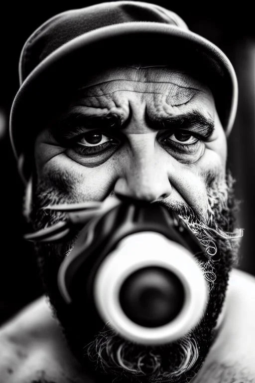 close up photography, dirty burly chubby Italian strong 48 years old homeless man, spitting milk from mouth, dripping on the beard, with dirty tank top, emotional eyes, manly chest, photo, Canon EOS, lens 35mm, natural lights, 8K, in the morning