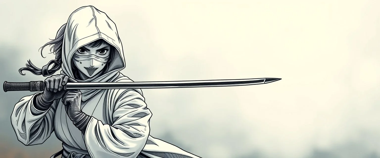 pen outline and airbrush, female ninja doctor in the wild, blurred realistic background