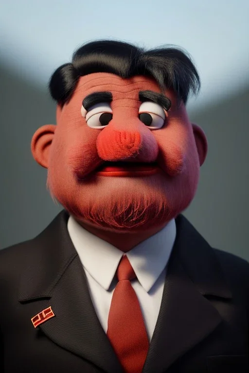 Waist up muppet Portrait, Kim Jong-un as muppet doll, black suit, photo studio, red background, unreal engine 5, concept art, art station, god lights, ray tracing, RTX, lumen lighting, ultra detail, volumetric lighting, 3d.