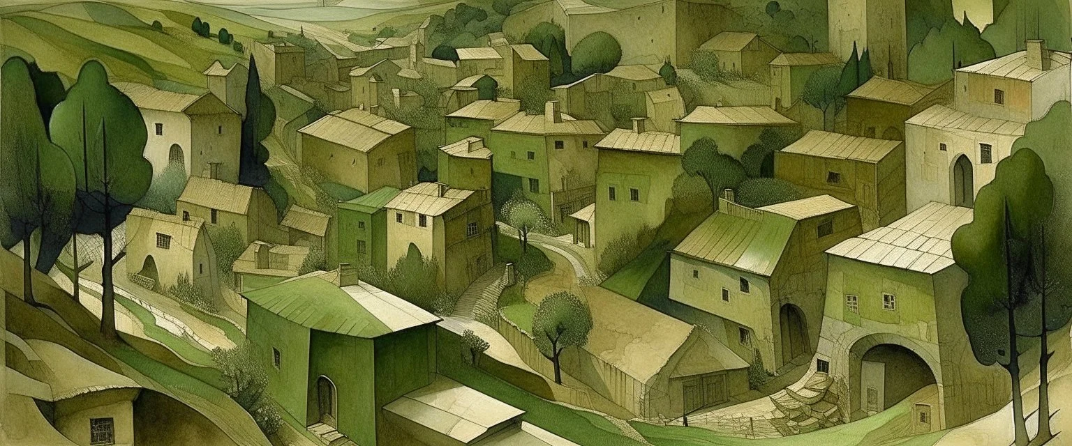 An olive green abandoned plagued town designed in Heidrun manuscripts painted by Raymond Duchamp-Villon
