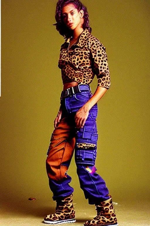 year 1997 denim fashion, Techno, "combat pants", cargo, Loose fit, low waist, baggy. Colors: denim blue, blue, purple, khaki, light green, lilac, plum, orange, terracotta, red, pink, dark blue, beige. Patterns: cheetah, balls, stripes. cheetah belt. Something between camouflage and cheetah prints. Women models. Sharon Stone, Sandra Bullock, Winona Ryder, Milla Jovovich, Big tennis shoes on. Latex in small part, areas, clothes..Combat pants. Leg warmers.