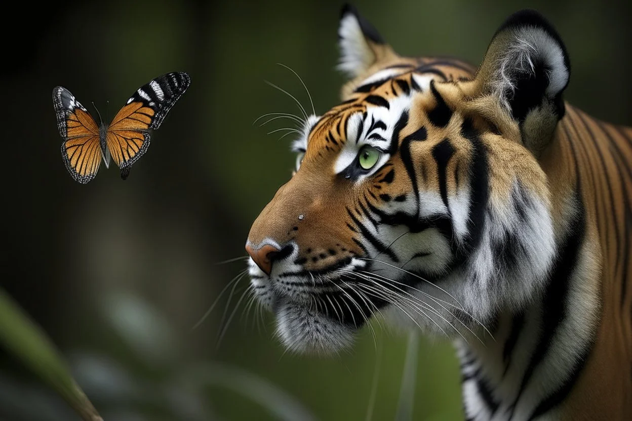 tigre qui observe en louchant un papillon posé sur son nez