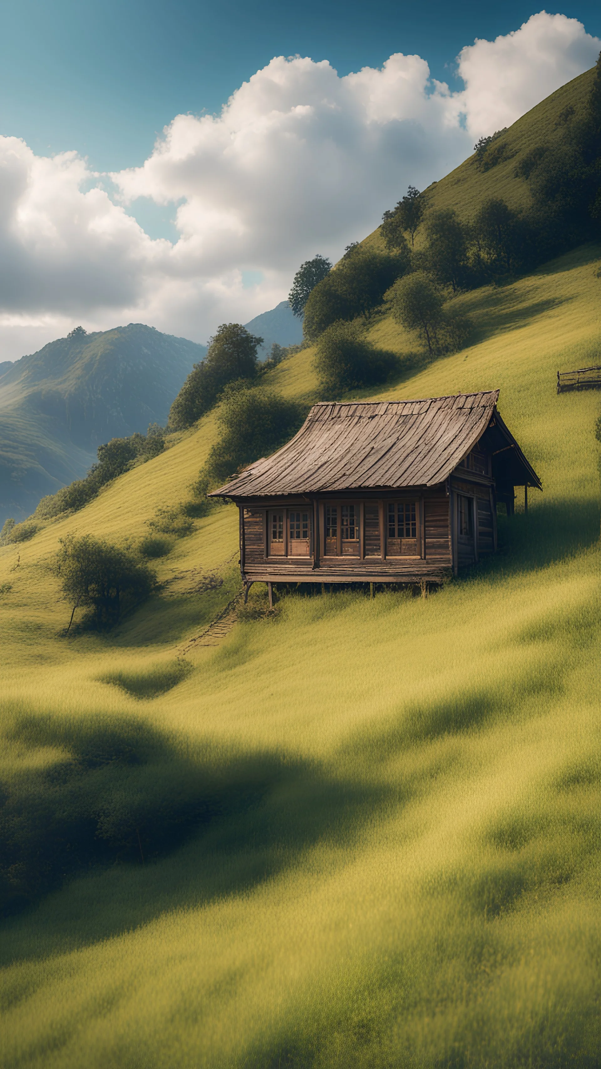 old wooden house in a hill, in the center, one house, sky above, grass mountain, chill, vibrant