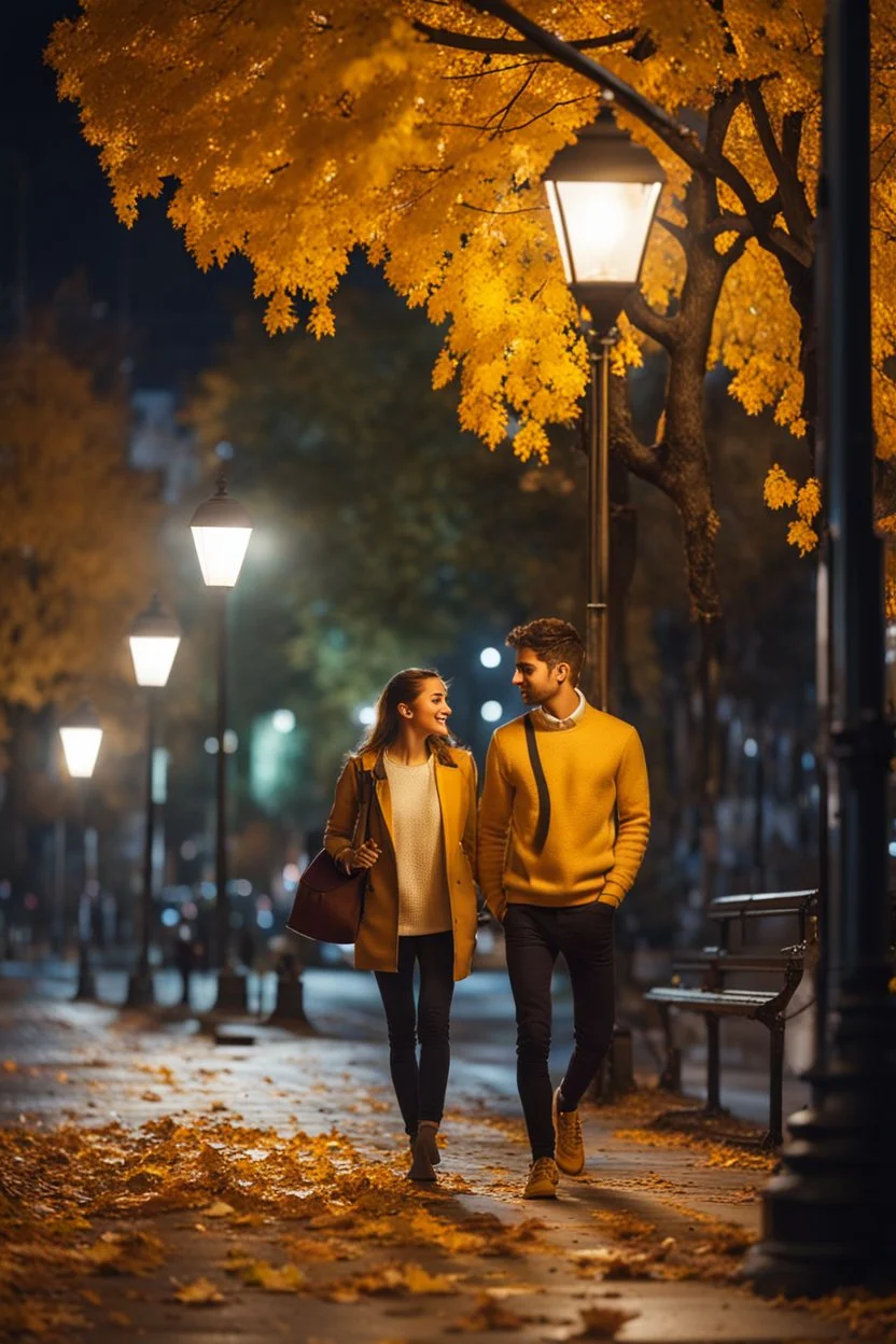 night yellow lights over the street trees autumn leaves under feet ,a Student adult girl with books in her hand walking in street looking to camera her boy friend flowing her with few steps away