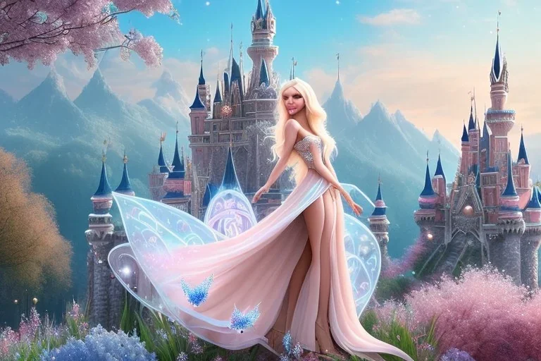 castle in background, beautiful, soft, big smiling, straight and long blonde hair, blues eyes, dewy and shiny atmosphere, diamond crown, long fairy wings in the back, full head, pink veil clothes