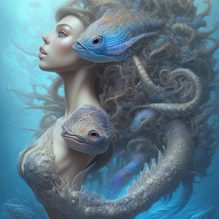 sango fantasy, fantasy magic, intricate, sharp focus, illustration, highly detailed, digital painting, concept art, matte, artgerm and paul lewin and kehinde wiley, masterpiece sexy lips Hawaiian afro lips lady body mermaid lionfish head blue space lady beach sea under water mermaid seaweed