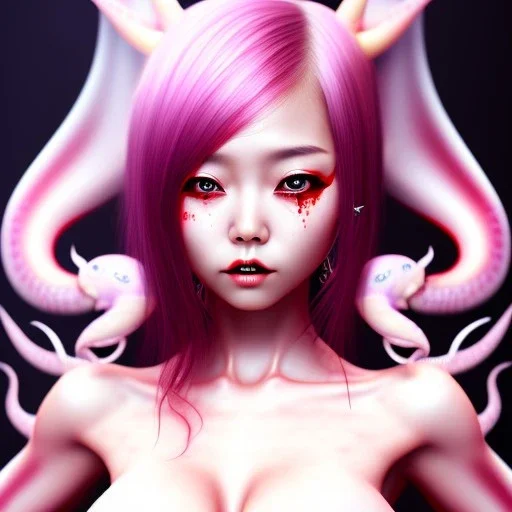 Asian woman, slobber blood, hair, latex suit, Realistic Cute full body, squid, nice, Little Horns, leaning pose, intricate detail , portrait, high lighting, Gradient background,