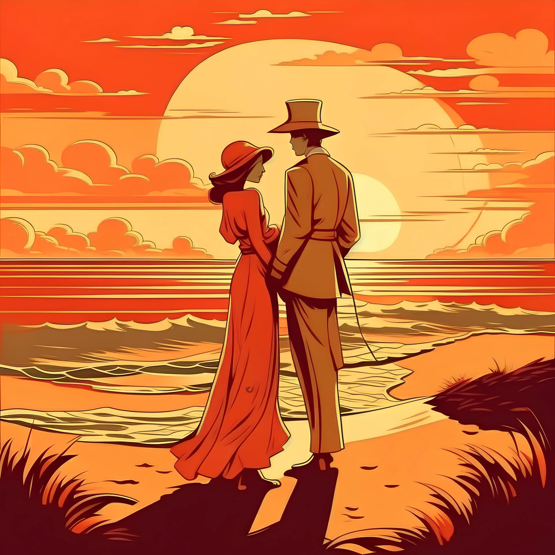 love for her in the atmosphere of sunset,vintage illustrator