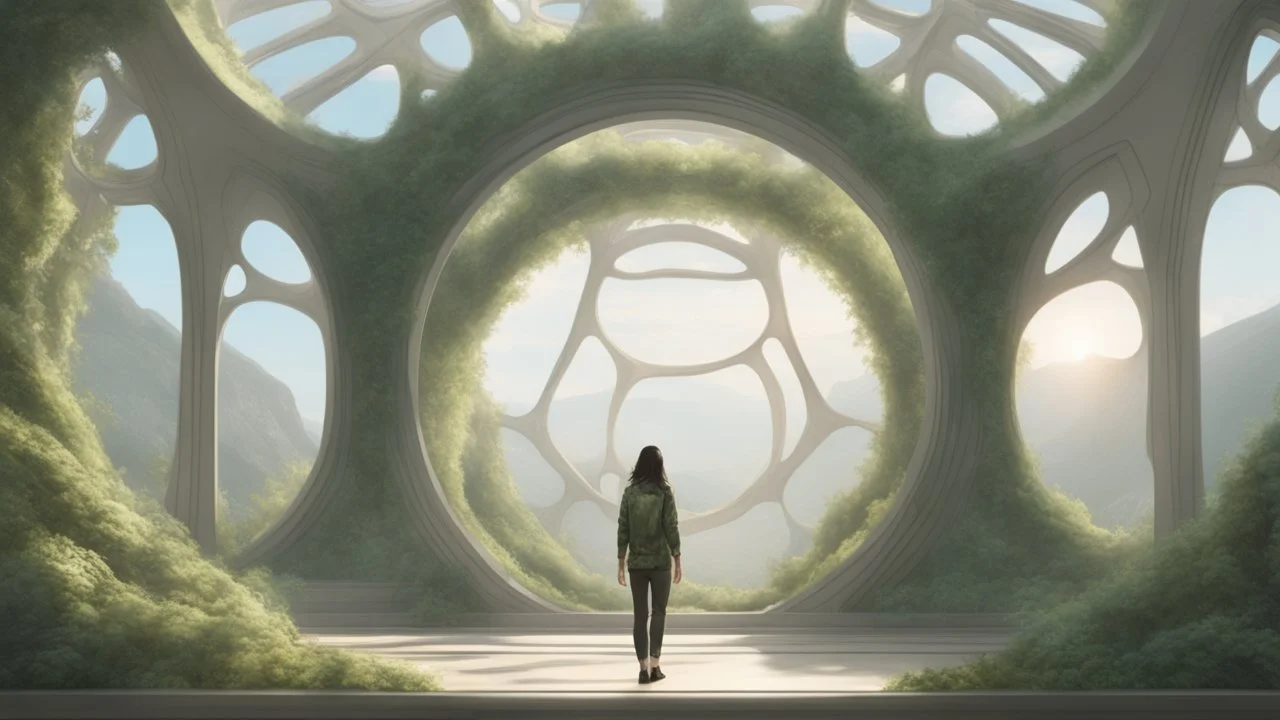 floating alien jellyfish, rampant foliage, and vines, inside a huge vaulted alien building, with circular windows, woman with black hair in a ponytail, in camouflage trousers and jacket, photorealistic, Intricate Detail, sunny day