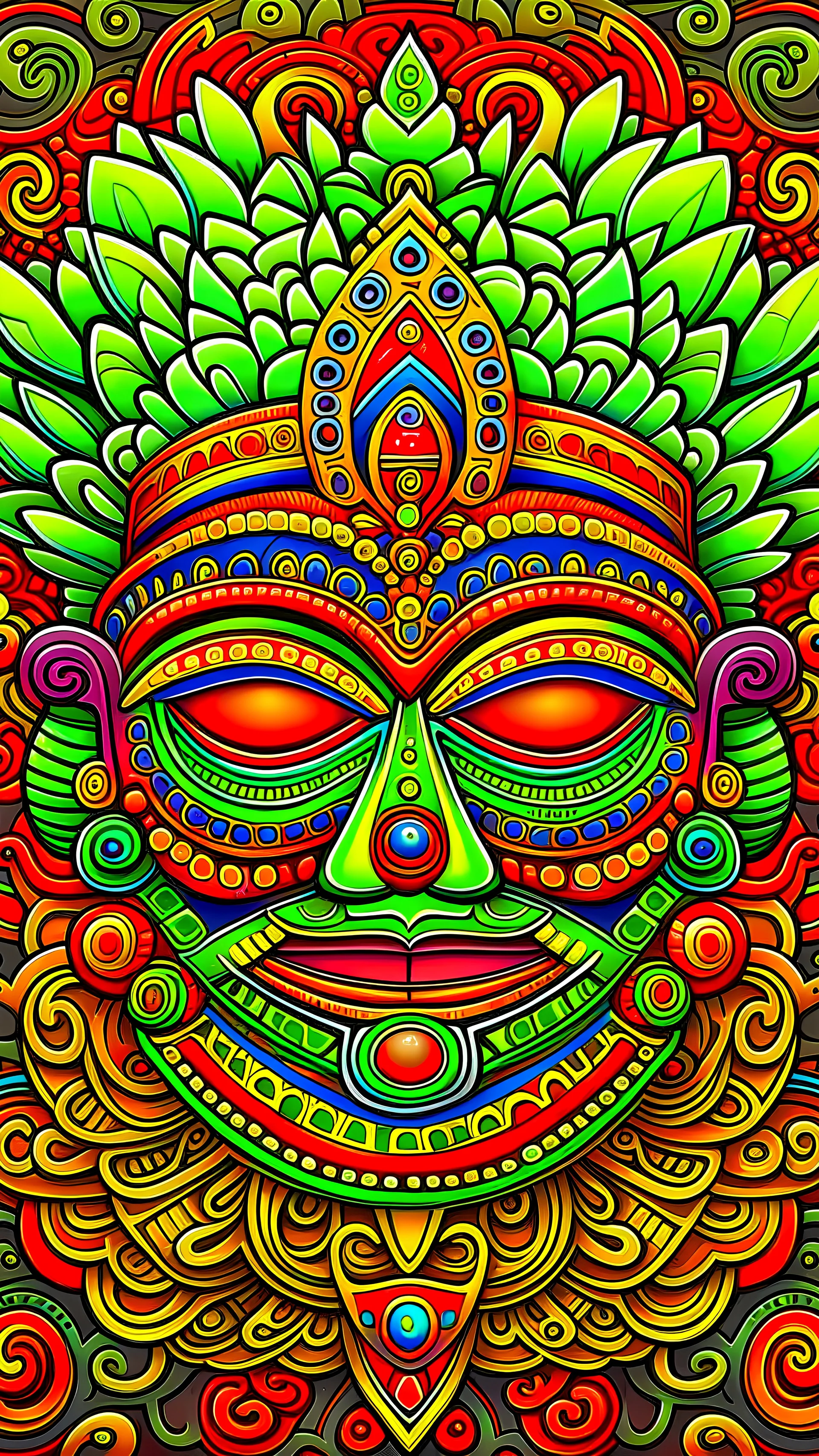 Create a mind-bending and surreal image featuring an Egyptian and Japanese tribal totem, adorned with intricate patterns and symbols, in a psychedelic and galactic setting, with vibrant and bold colors that evoke a deep sense of awe and wonder, inspired by the works of Naoto Hattori, Android Jones, Goro Fujita, and Chris Dyer, depicting an otherworldly tiki-like stone god figure enveloped by a celestial entity formed by the cosmic wonders of DMT, with a masterful use of depth of field and perfec