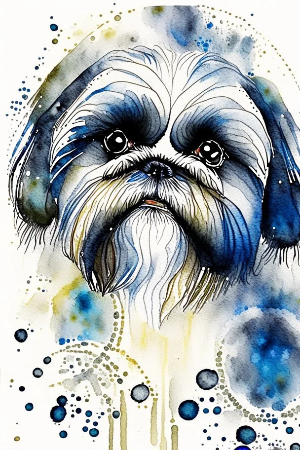 Abstract wet watercolour of a Shih tzu ink lines, interlinked circles,detailed focus on eyes