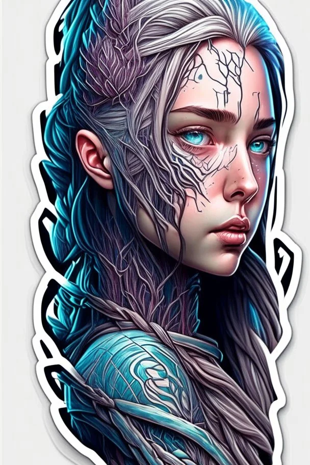 a sticker with a drawing of a woman's face, cyberpunk art, inspired by Marco Mazzoni, Artstation, fantasy art, fractal veins. cyborg, in the style dan mumford artwork, girl with plaits, beautiful detailed body and face