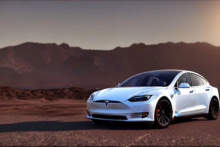 A Tesla 'Model S' is parked, in the Mojave Desert. (CINEMATIC, WIDE ANGLE LENS, PHOTO REAL)