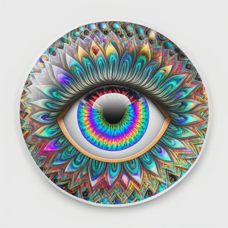 circular sticker on white background, psychedelic multicolor eyes, Optical Illusion, gradients multicolor, intricated Pattern, HD, 3D , Unreal engine, solids, highly detailed, vibrant color, octane render, centered