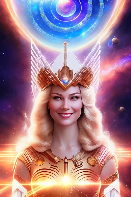 cosmic woman smile, admiral from the future, one fine whole face, crystalline skin, expressive blue eyes,rainbow, smiling lips, very nice smile, costume pleiadian, Beautiful tall woman pleiadian Galactic commander, ship, perfect datailed golden galactic suit, high rank, long blond hair, hand whit five perfect detailed finger, amazing big blue eyes, smilling mouth, high drfinition lips, cosmic happiness, bright colors, blue, pink, gold, jewels, realist, high commander