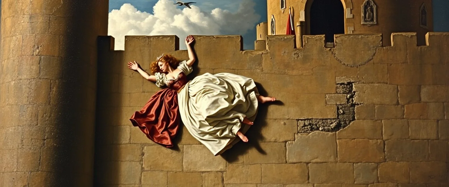 master oil painting by Rembrandt, princess and lover falling down from castle wall