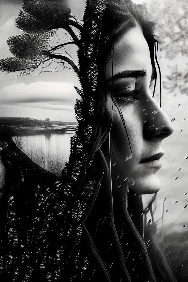 double exposure, woman sad, sad willow, loneliness, by avant-garde photography