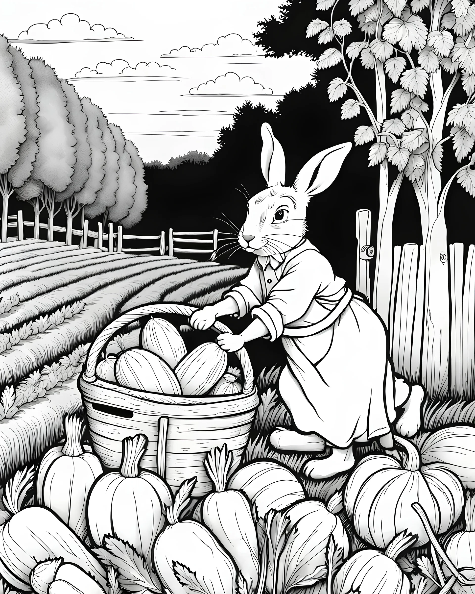 B/W outline art,coloring book page, full white, super detailed illustration for adult,"Peter Rabbit's Carrot Harvest - Collecting the Bounty in the Fields!", crisp line, line art, high resolution,cartoon style, smooth, low details, no shading, no fill, white background, clean line art,low background details, Sketch style.