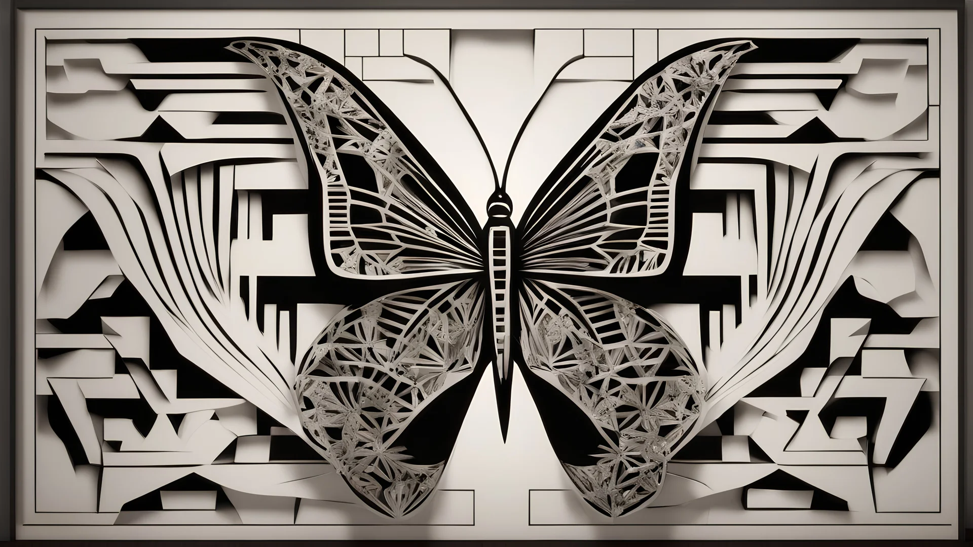 A striking monochrome stencil artwork featuring a butterfly, meticulously crafted with intricate geometric shapes. The butterfly's wings are composed of interlocking triangles and squares, forming a bold and striking pattern that contrasts sharply with the smooth, blank background. The overall design embodies modern, urban art with a minimalistic touch, creating a captivating and distinctive visual experience
