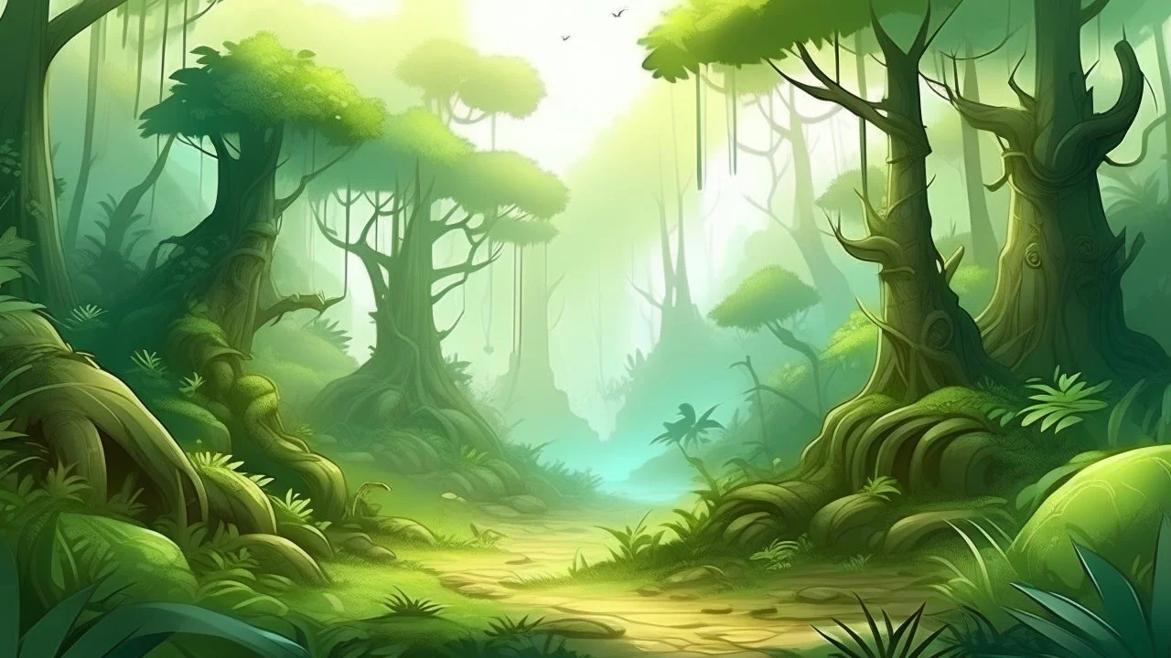 Cartoon illustration for children: Cenozoic misty jungle, millions of years ago, with towering prehistoric trees