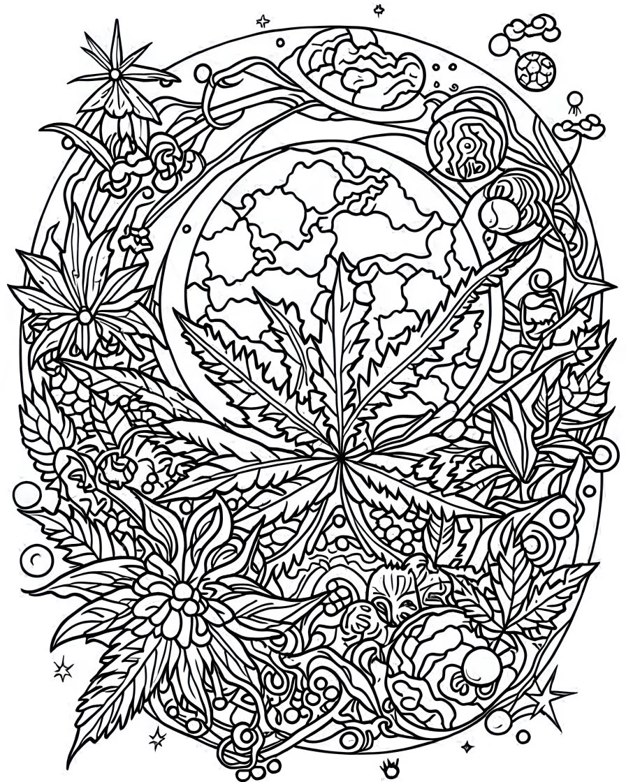 outline art for stoners coloring pages with A very simple and minimal design featuring A trippy cosmic journey through space, with planets and stars morphing into cannabis leaves, white background, sketch style, fully body, only use outline, mandala style, clean line art, white background, no shadows and clear and well outlined