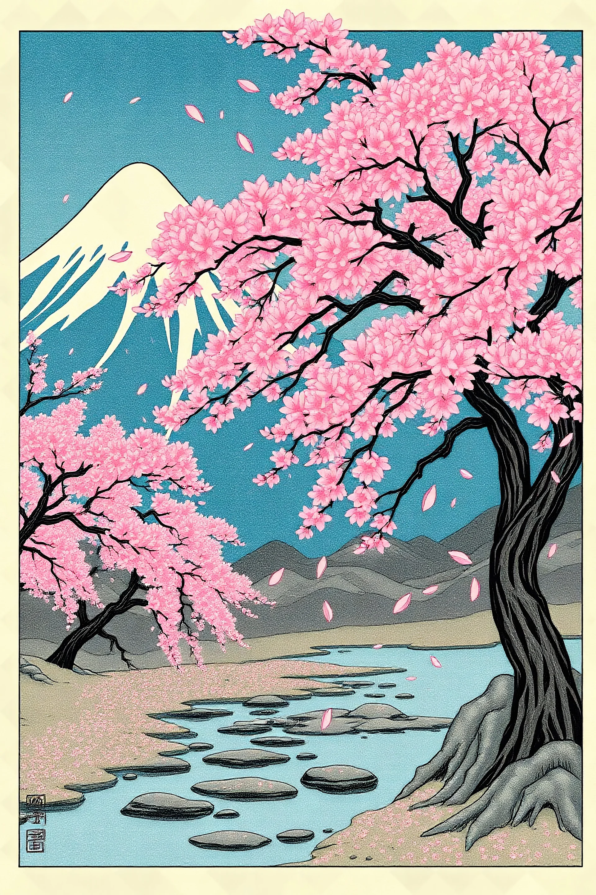 japanese landscape with sakura petals falling from trees hokusai style