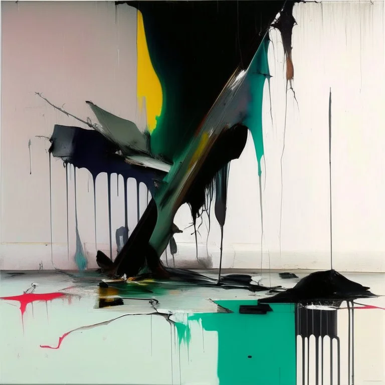 Empty Minimal contemporary abstract flat landscape painting. Concrete. Big brushstrokes. Twisted fragments of bodies. Drips of paint. style of Justin Mortimer and Adrian Ghenie. Triadic colour