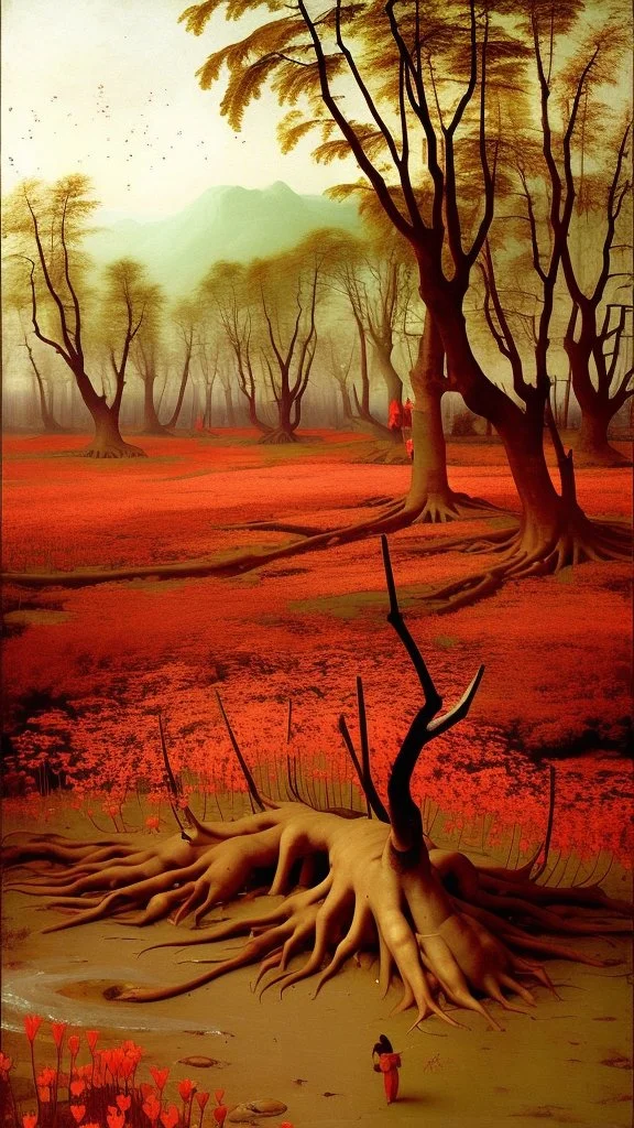 The life of plants is now hidden In these red flowers and strange stumps of branches, Well, What happened to your soul? How dare you let this beauty forest,Your precious soul, Go, so that she would wander the world, Bruegel painting style