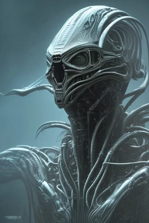 evil predator, alien, tron, head, bitcoin eyes, 8k, finely detailed, dark light, photo realistic, hr giger, cyberpunk