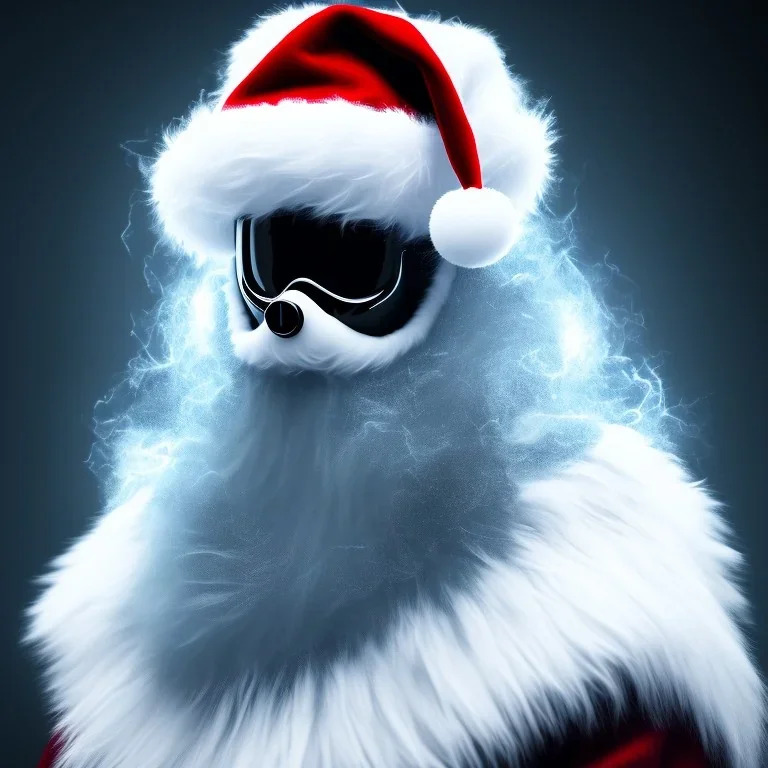 All Black Santa, ghost, wearing high tech mask, white smoke, dark, rage, high definition, ultra 8 k, volumetric lighting, blue fire, fog red rain