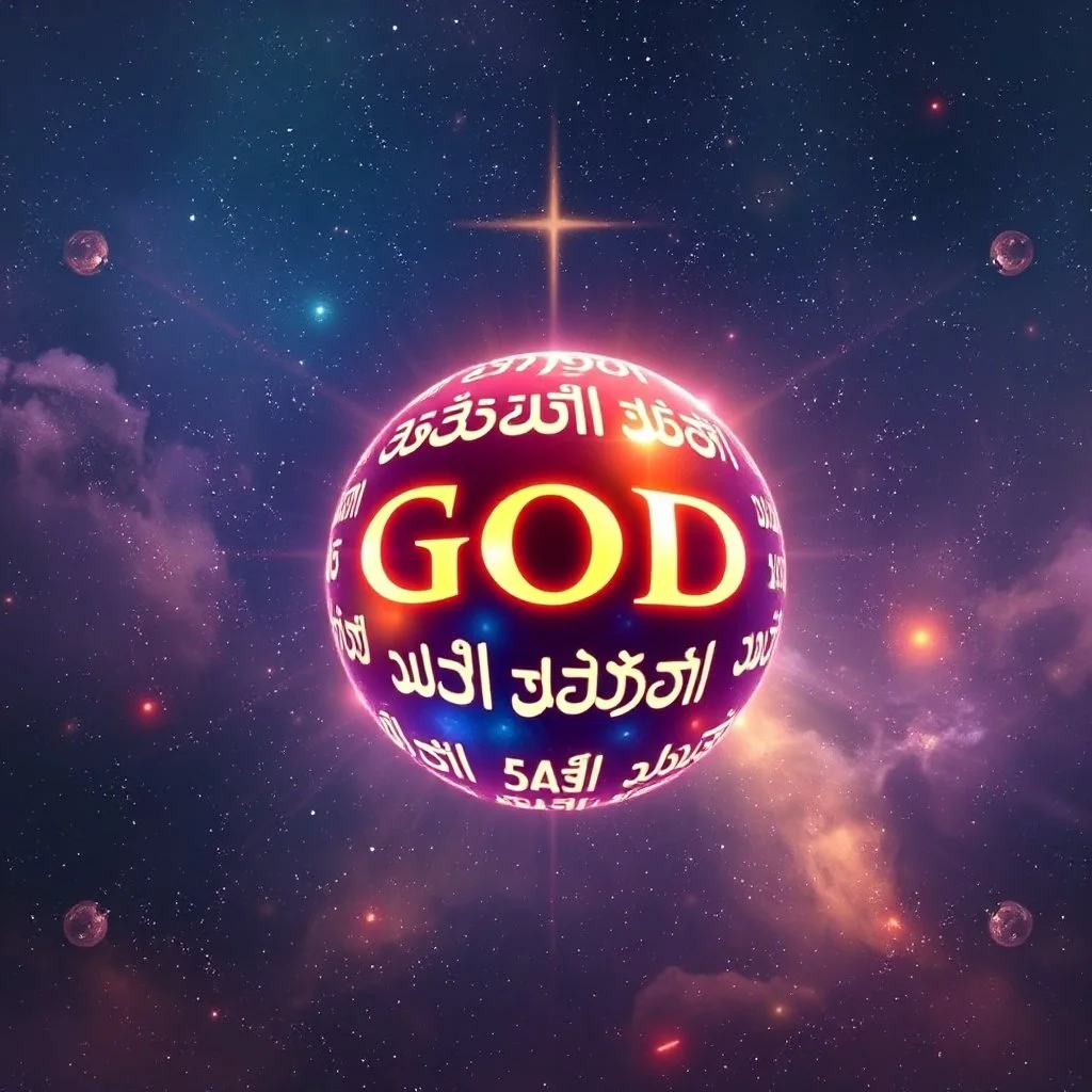 در یک فضای کیهانی و مقدس اسما الله بر روی جسم کروی چرخان زیبا با نور ورنگ نشان داده می شوند