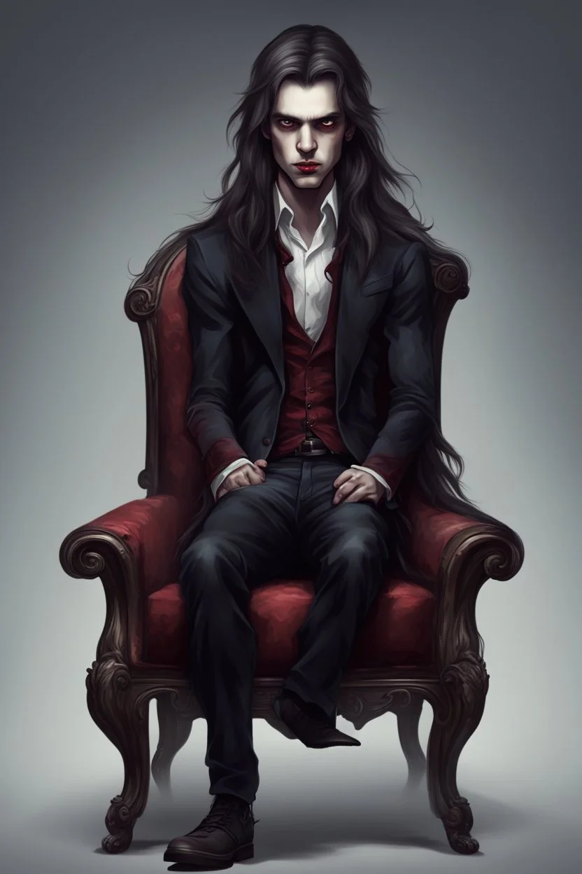 ragazzo vampiro di bellissimo aspetto giovane seduto su una poltrona con capelli lunghi stile realistico