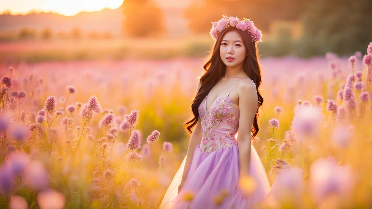 A gorgeous Asian model in a fairy outfit in a field of flowers at sunset