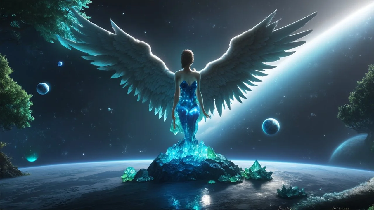 angel with a wings siting on the blue monolith made of blue tiberium crystals of lights, matrix universe, planets on the back grounds, green crystals of tiberium on the life and right, matrix universe, space, planets, god creation, angels from other dimensions with beautiful wings, trees on the planet, behind green crystals of light, few tiberium monolith deposits on the planet near tree,