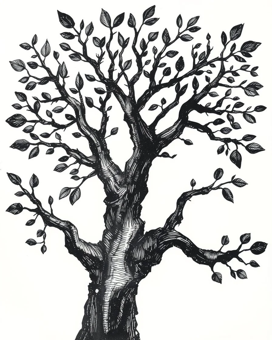 Abstract primitive tree composed of organic bark and leaf textures, fragmented into interlocking sections of varying magnification (macro veins, branch close-ups, distant silhouettes), all fused with no boundaries; rough charcoal, angular limbs and leaves, each section using distinct hatching densities and mark systems, high-contrast black on white, naive cubist/raw sketch style, continuous bleeding collage, square frame, edge-to-edge. Colored in rich but soft earth tones with the blacks preser
