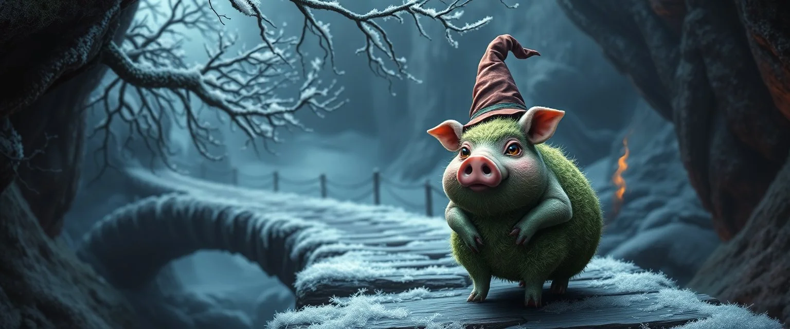 close up portrait of wizard and cute evil moss pig on the bridge, Beneath the frozen boughs he strode, Where glassy frost did bite the road. The bridge did arch o’er shadowed flood, And whispering waters ran like blood. Each step a ghost, each breath a flame, The cavern shivered at his name. *(Verse II)* From corner dark, a rustle, a squeak, A nimble shadow, clever and meek. Its eyes did glimmer with childish guile, Yet laughter edged with malice vile. This creature small, yet fearsome bound, Th
