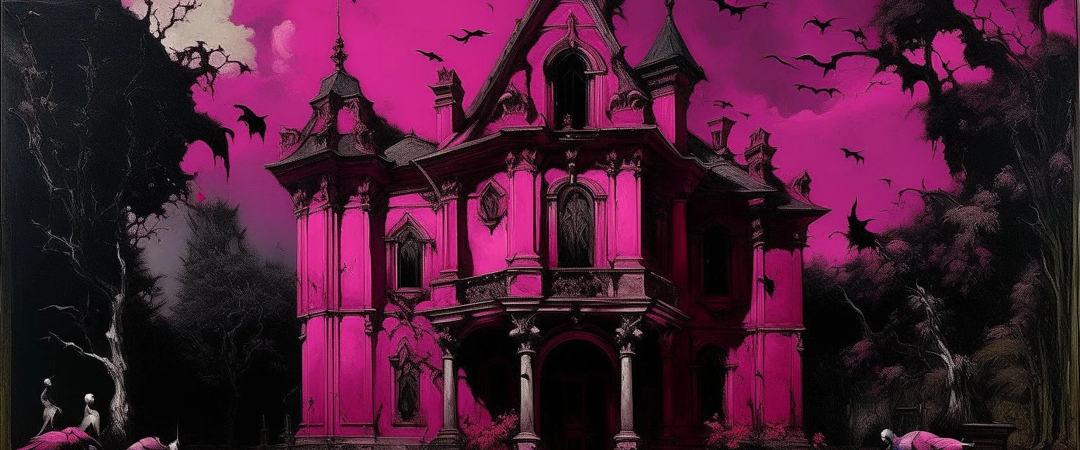 A dark purplish magenta mansion with bats painted by Giovanni Battista Sassi