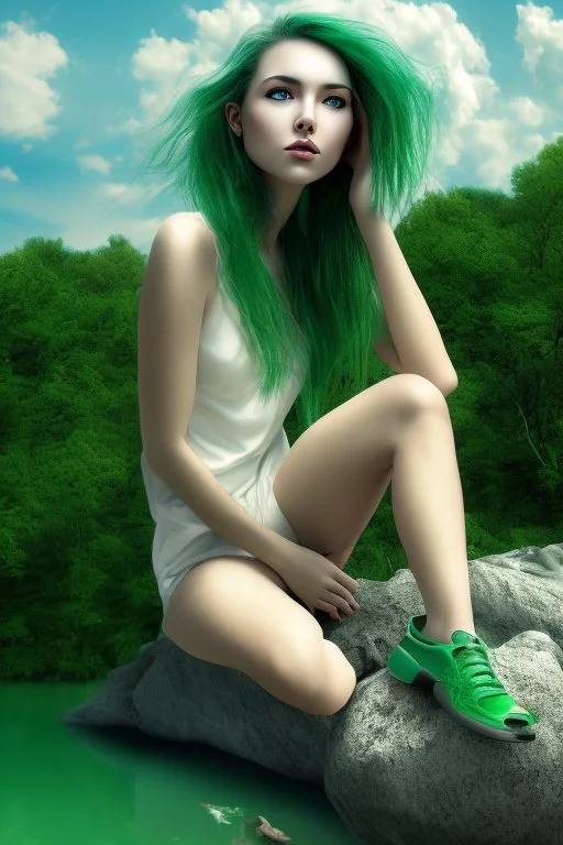 woman sitting on a rock, in a lake, green mottled skin, green hair, blue sky, white clouds