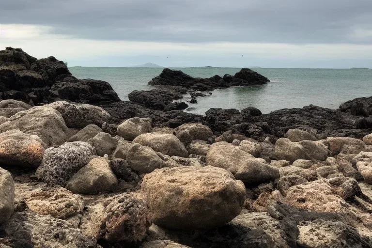 A rocky beach with a lot of lizards on the rocks