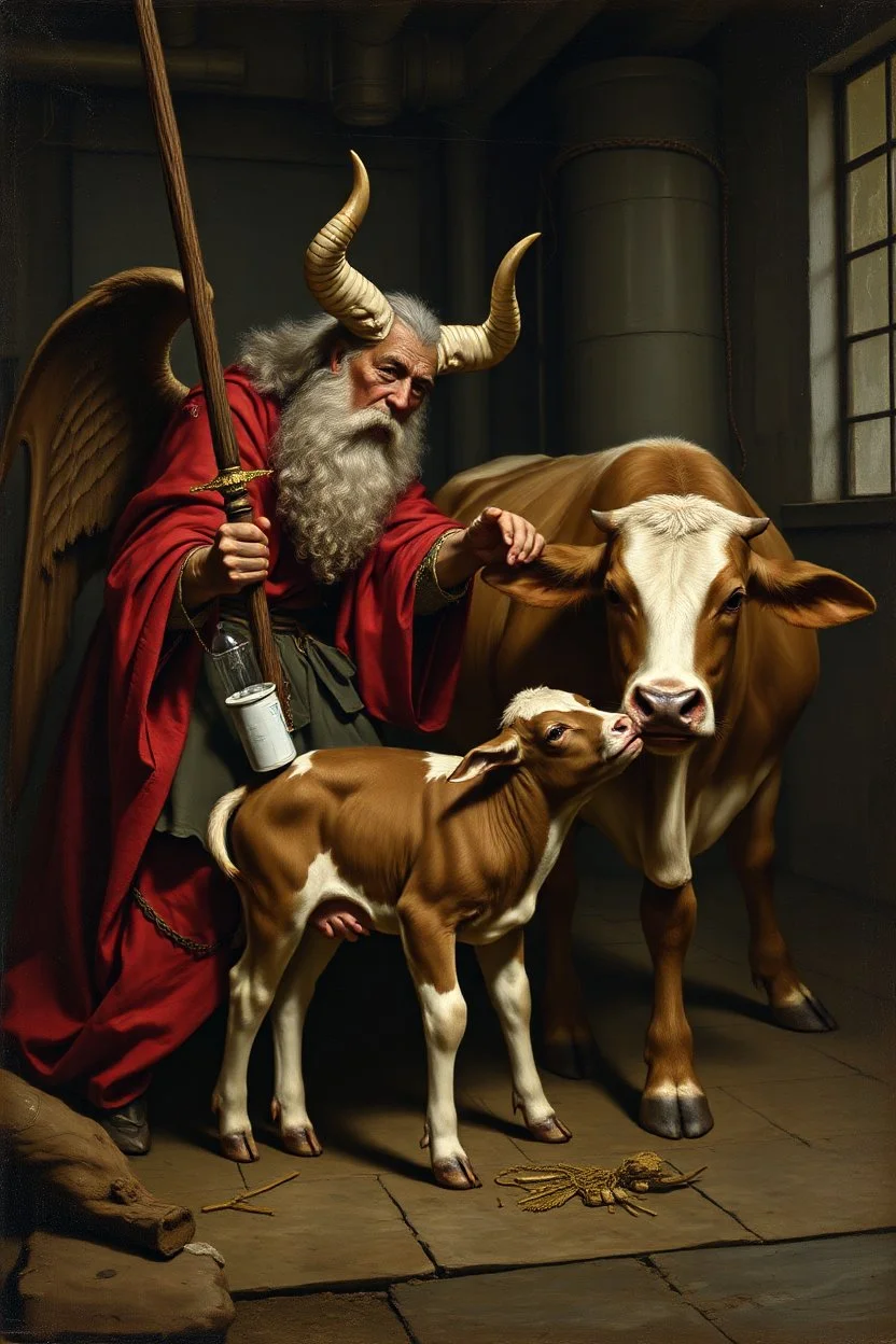 Satan kidnapping young calf while medicating old cow, inside science factory, painted by Rembrandt