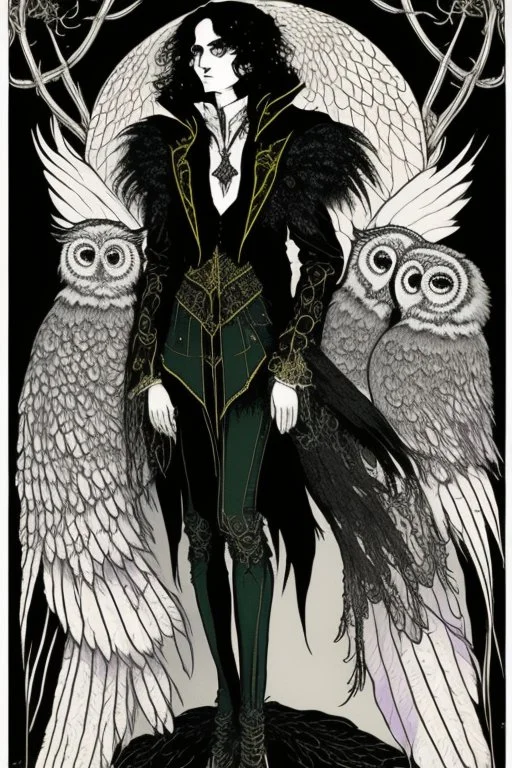 black haired young man necromancer wizard with gothic jewelry and Feathery owl-like hair, has the lower legs of an owl, in the style of Harry Clarke, owl faced