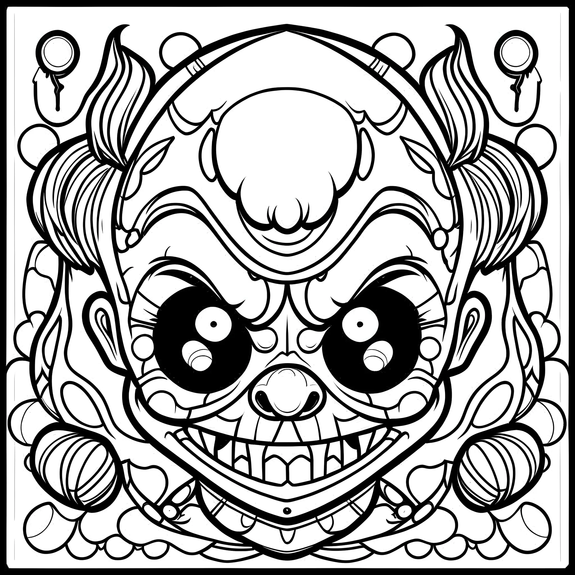 create a 2d black outline, " kawaii psycho clown coloring book for kids", coloring page, low details design, black contour, coloring page design, colorful , card style, coloring page for kids, halloween backgorund,sketch style,