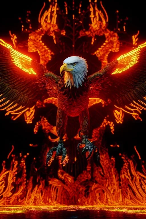 eagle set in fire, cinematic lighting, photorealistic, realistic, detailed, volumetric light and shadow, hyper HD, octane render, unreal engine 5 insanely detailed and intricate, hypermaximalist, elegant, ornate, hyper-realistic, super detailed --v 4