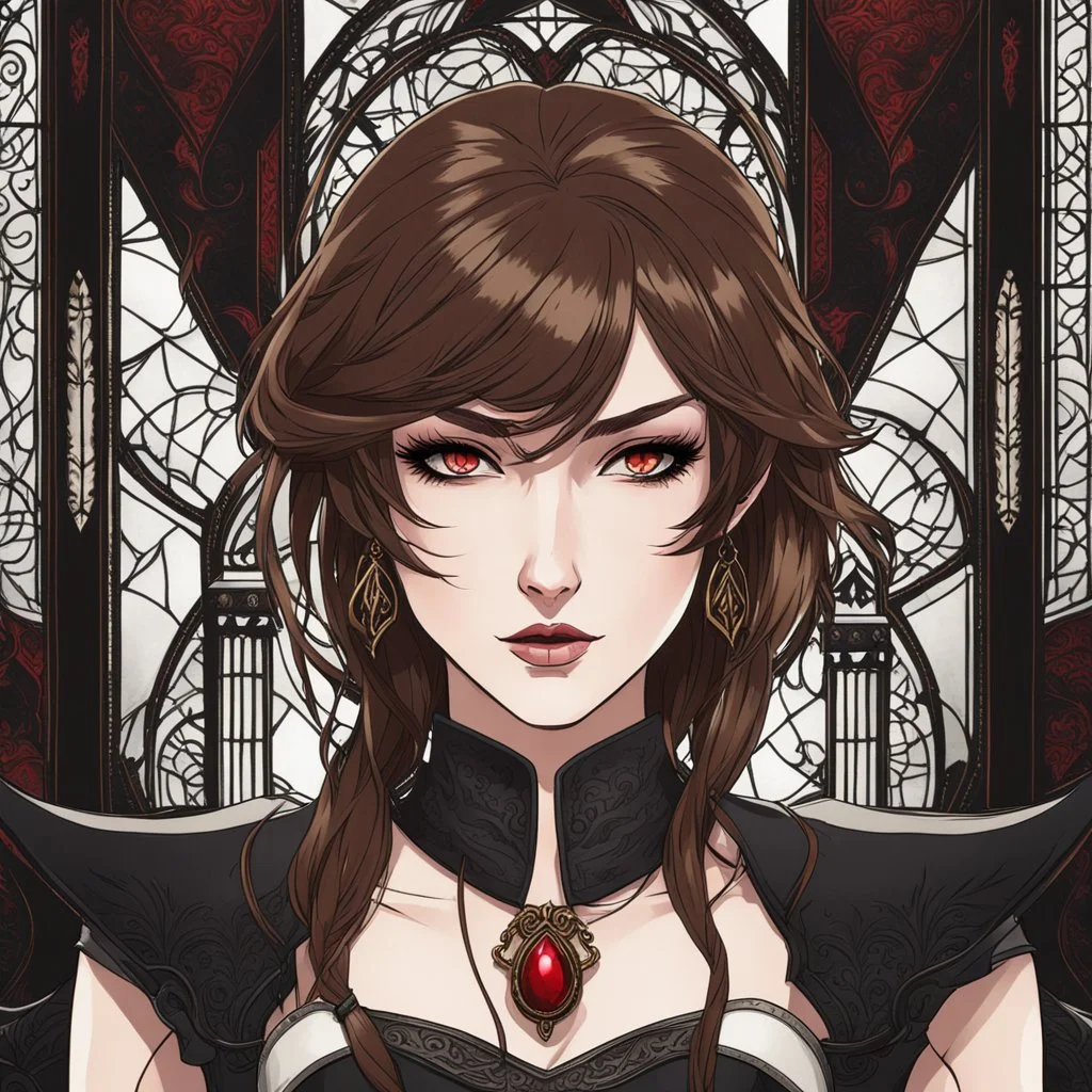 A portrait headshot of a confident looking young woman with pale skin and long brown hair in a dark fantasy setting with intricate details. She is wearing black and read leather, has red eyes, an air of malevolent power surrounds her. Anime style. High definition.