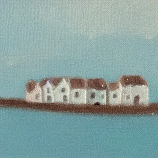 tiny oil painting of tiny seaside village, plain white background, solid white background, tiny white canvas, tiny white frame, melancholy, tender, moody, vintage, delicate arrangement, beautiful composition, etsy, aesthetic layout, plain solid white background